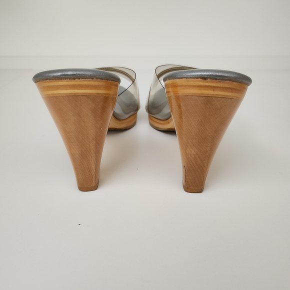 Vintage 1960s Island Slipper Wood Heel Sandals Silver Clear - Picture 3 of 6